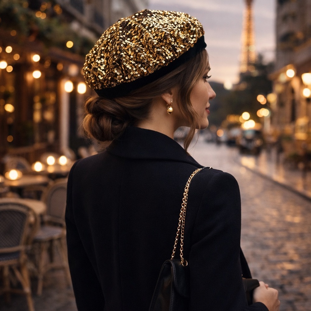 Gold Sequin Beret Hat Black Velvet Trim Adjustable One Size NWT